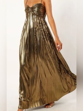 Metallic Gold Pleated Maxi Skirt - Women